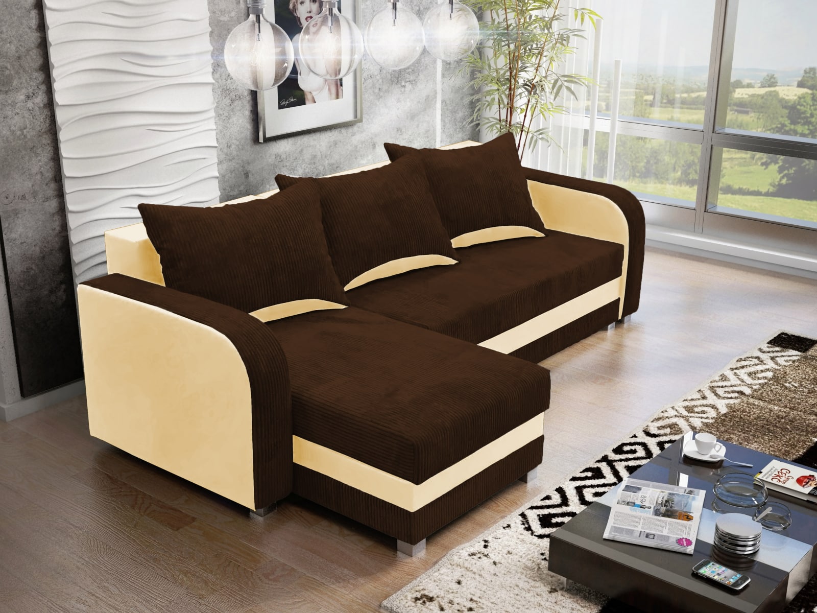 Rohová sedačka LUTON 2, hnědý manšestr/krémová ekokůže