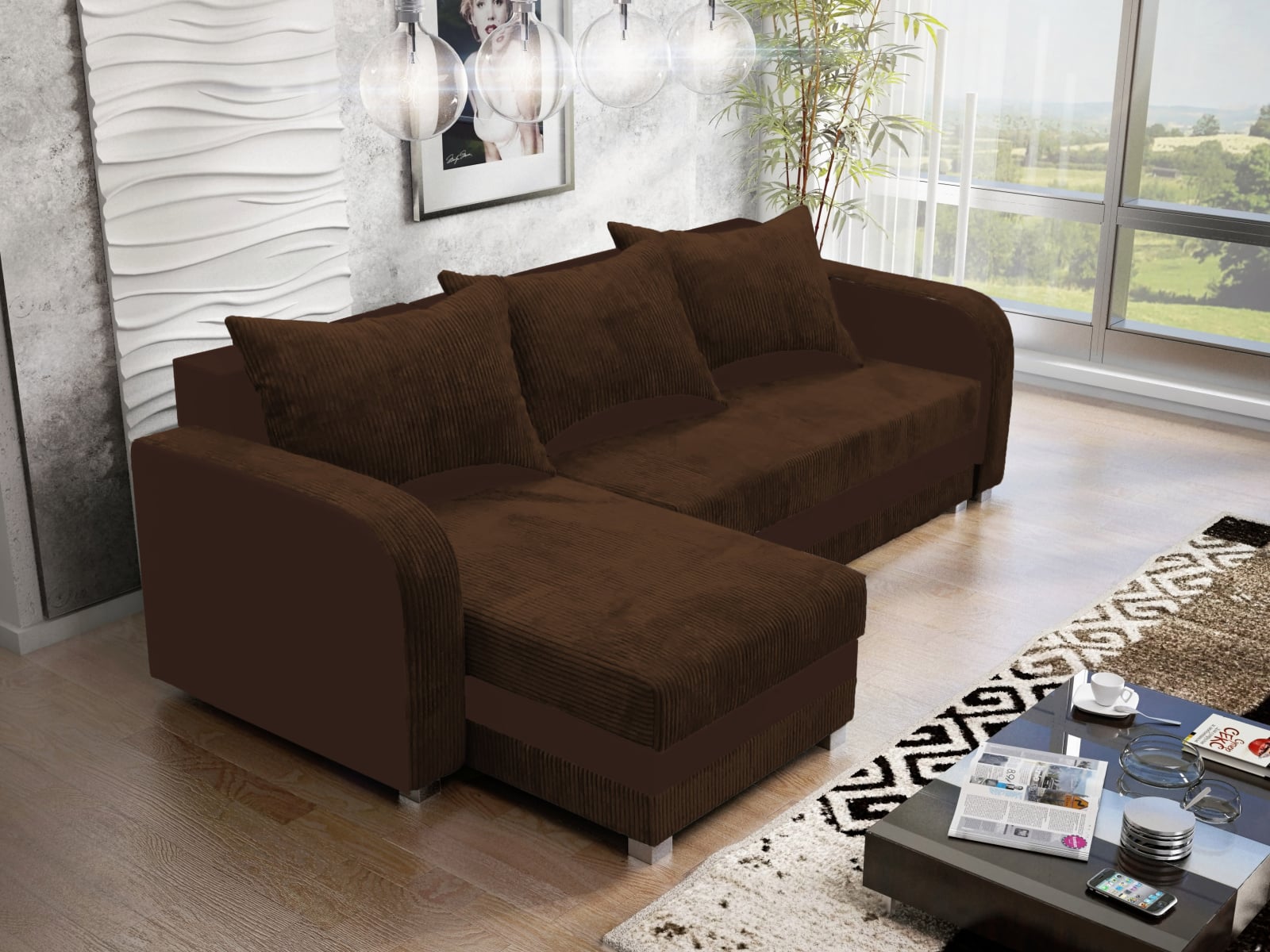 Rohová sedačka LUTON 4, hnědý manšestr/hnědá ekokůže