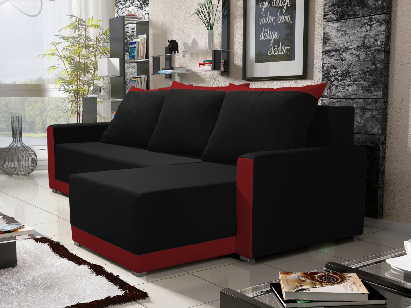 Rohová sedačka BRAGA BIS 5, černá látka/červená látka