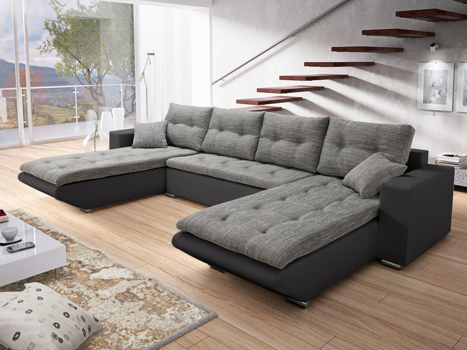 Rohová sedačka DARLA U 5, šedá látka/černá ekokůže