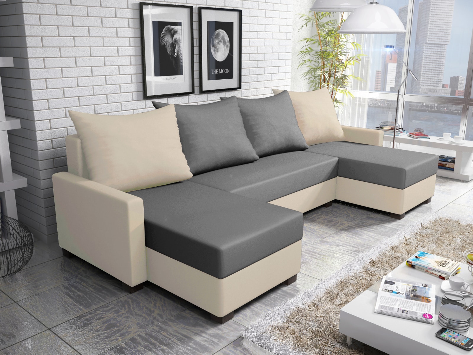 Rohová sedačka FIESTA U 2, šedá látka/krémová látka