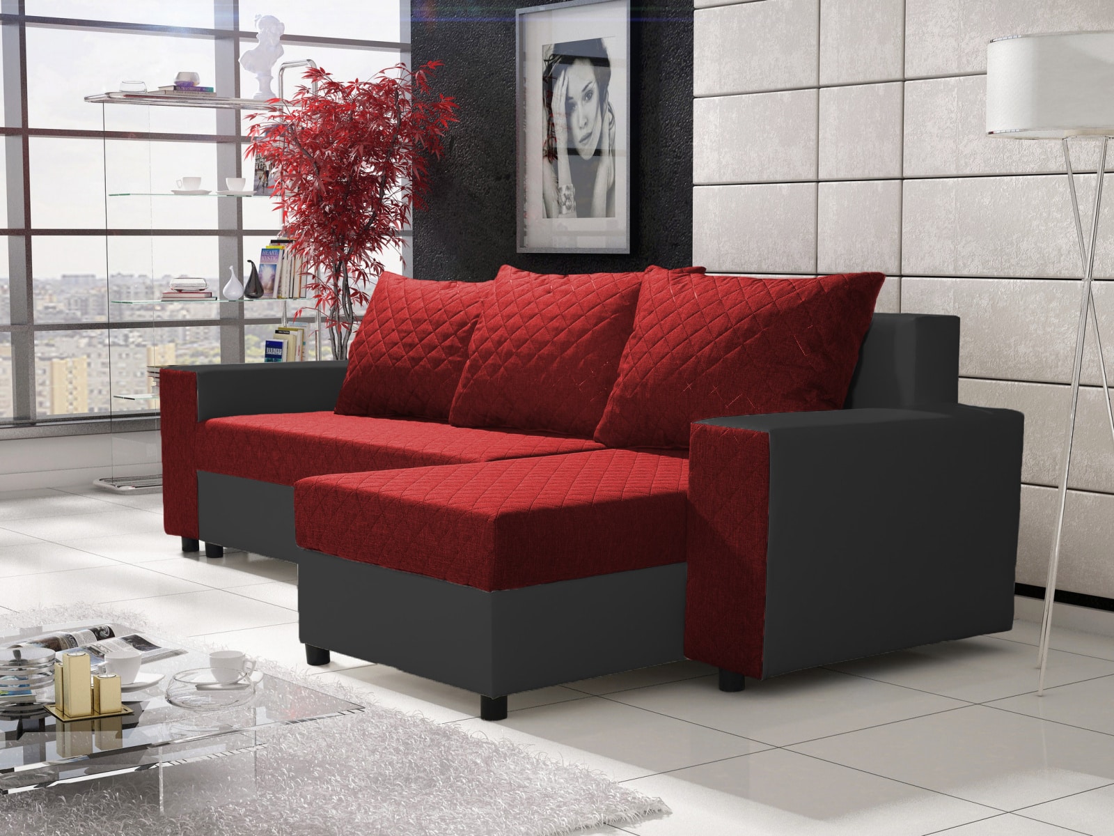 Rohová sedačka FIESTA 6, červená látka/černá ekokůže