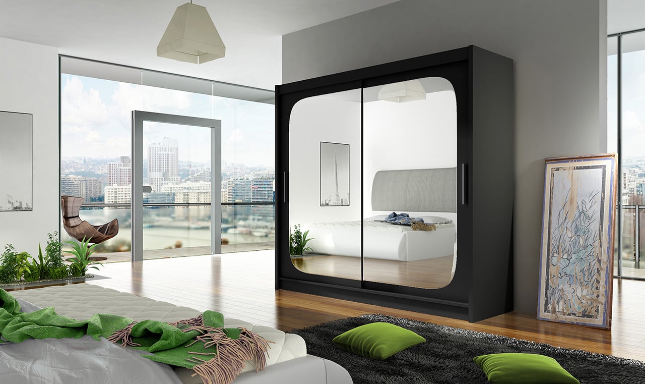 Šatní skříň BEGA VIII, černý mat/zrcadlo