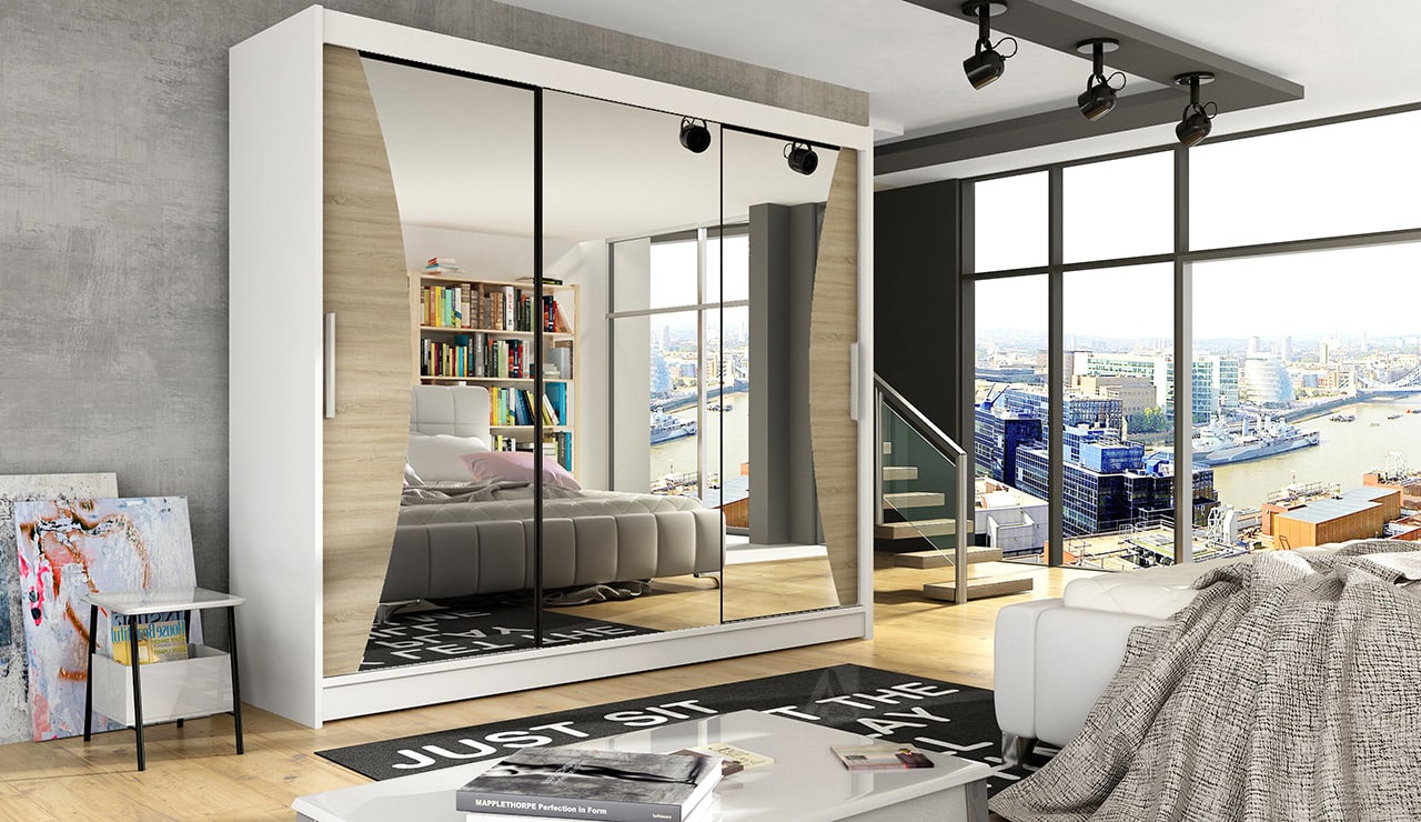 Šatní skříň ASTON IV, bílý mat/dub sonoma/zrcadlo