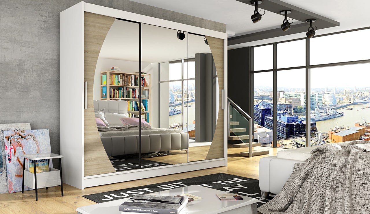 Šatní skříň ASTON V, bílý mat/dub sonoma/zrcadlo