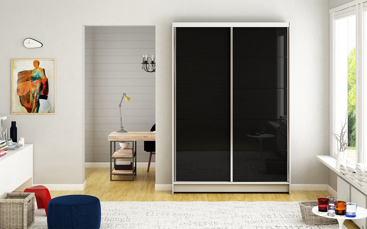 Šatní skříň MONTANA I, bílý mat/černé sklo