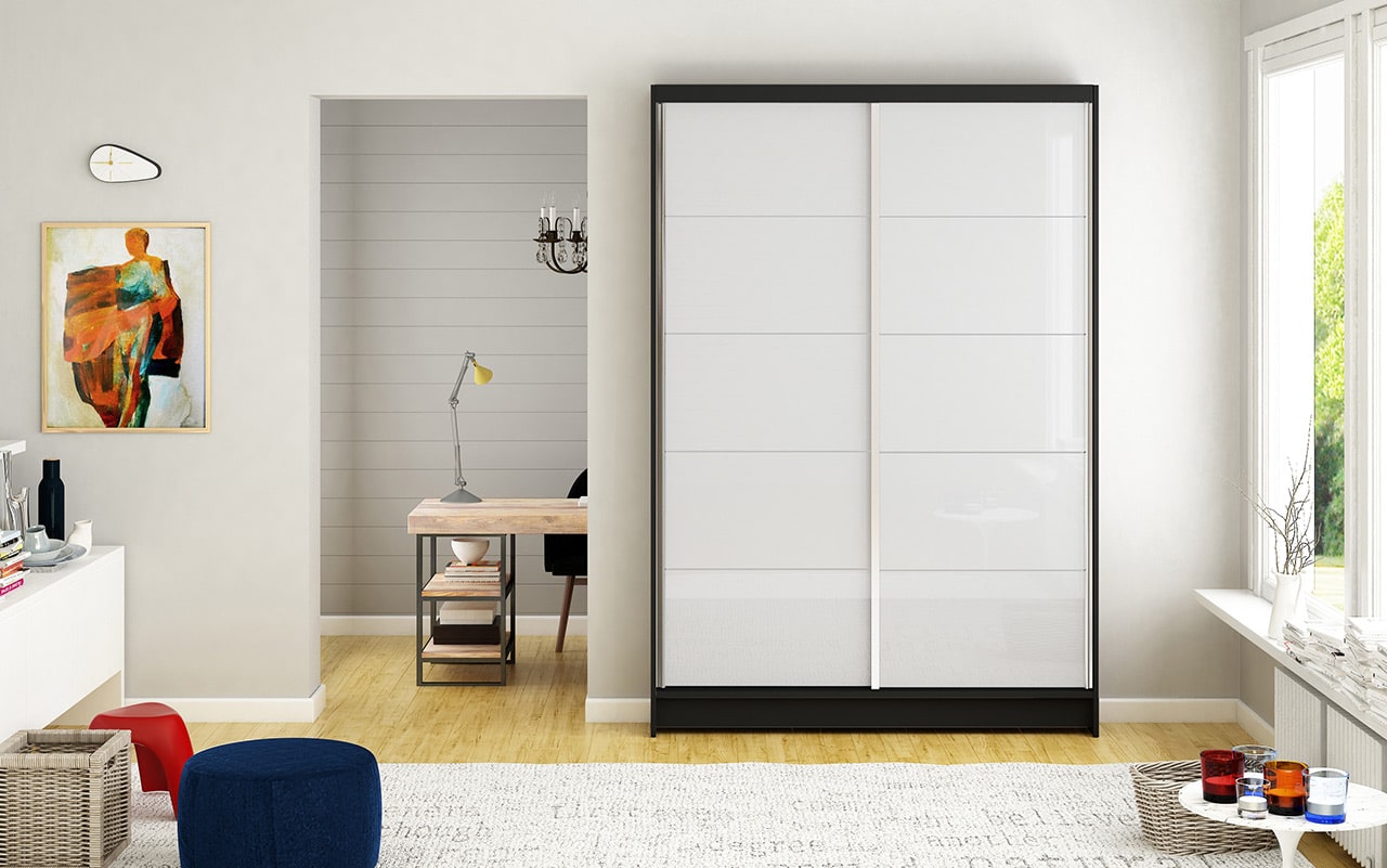 Šatní skříň MONTANA I, černý mat/bílé sklo