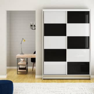 Šatní skříň MONTANA II, bílý mat/bílé sklo+černé sklo