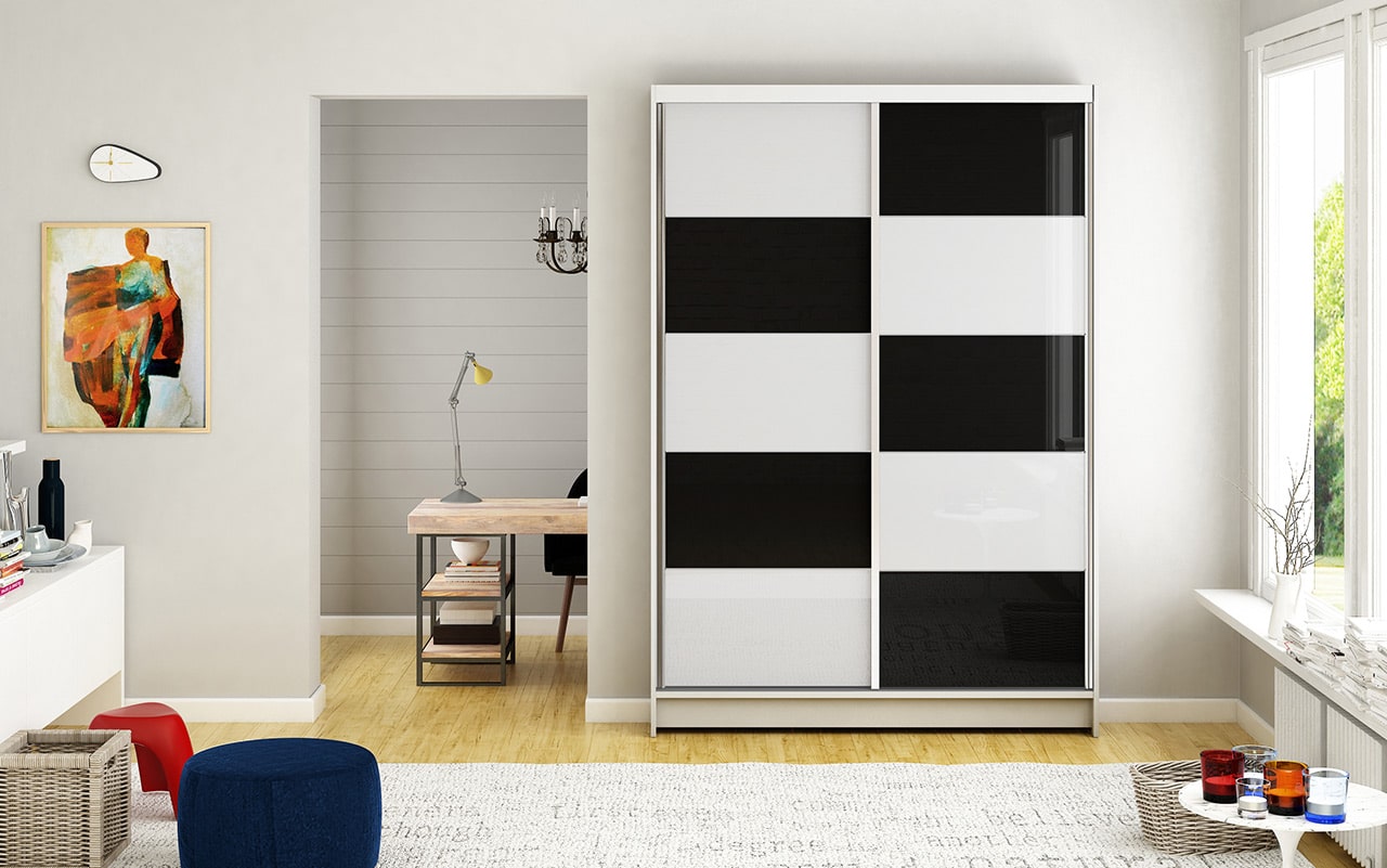 Šatní skříň MONTANA II, bílý mat/bílé sklo+černé sklo