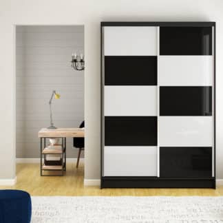 Šatní skříň MONTANA II, černý mat/bílé sklo+černé sklo