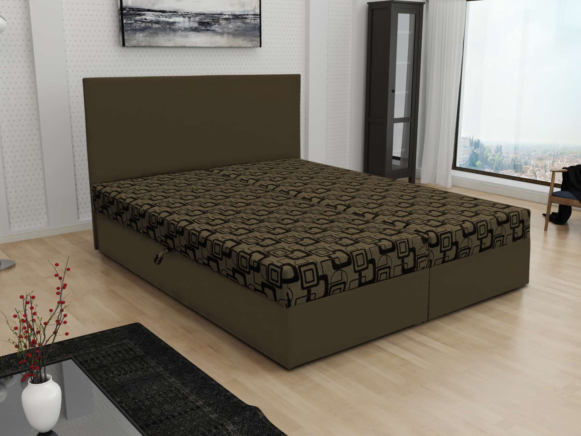 Čalouněná postel JERRY 140x200, hnědá látka se vzorem/hnědá ekokůže