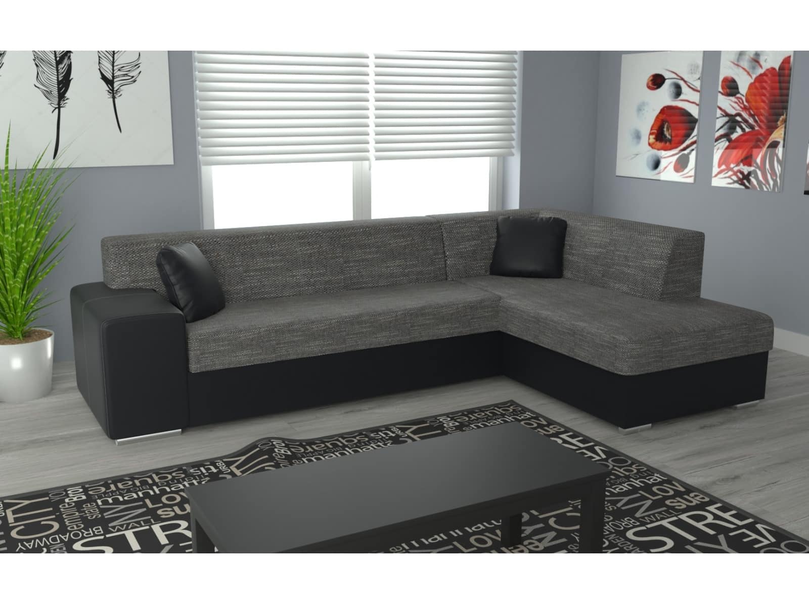 Rohová sedačka COMO pravá, šedá látka/černá ekokůže