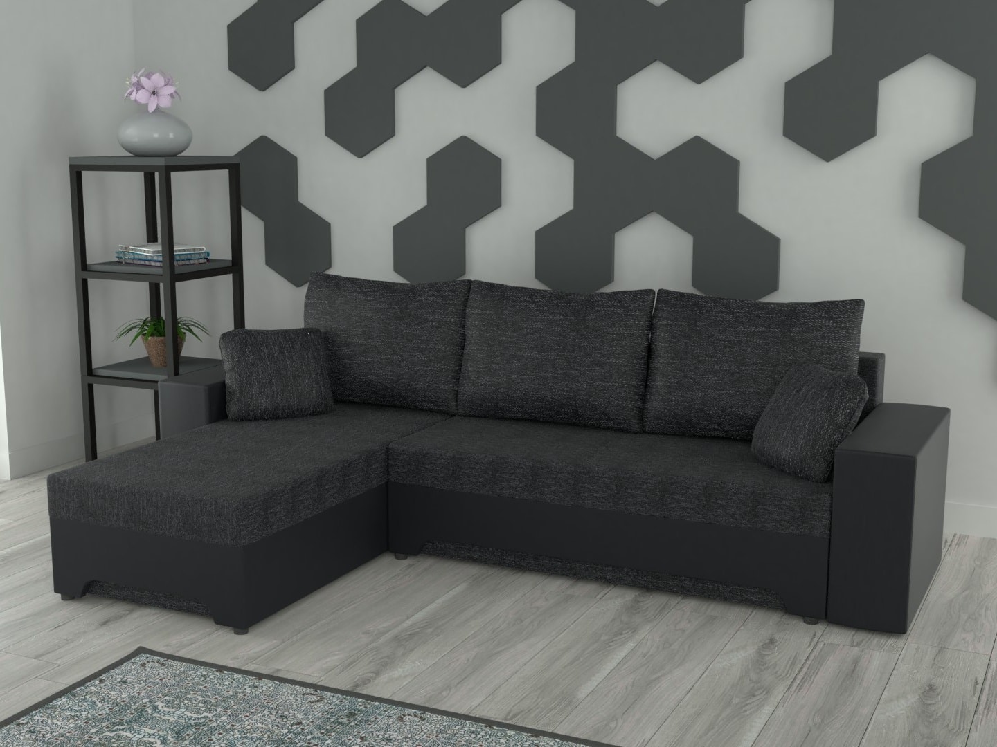 Rohová sedačka GALAXI univerzální, černá látka/černá ekokůže