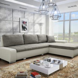 Rohová sedačka TOSKANIA L 1 univerzální roh, šedá látka prošitá béžovou a černou nití/bílá ekokůže