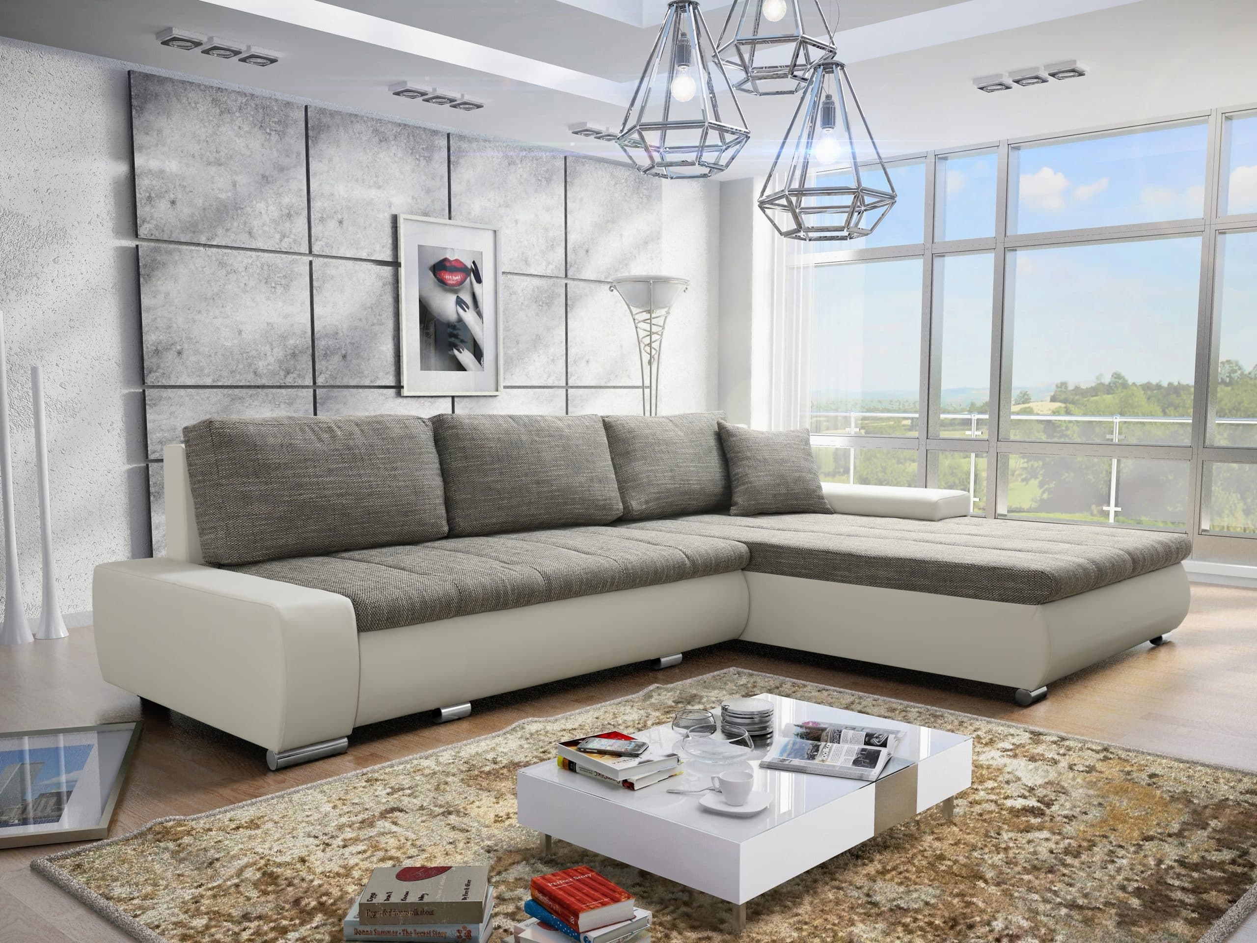 Rohová sedačka TOSKANIA L 1 univerzální roh, šedá látka prošitá béžovou a černou nití/bílá ekokůže