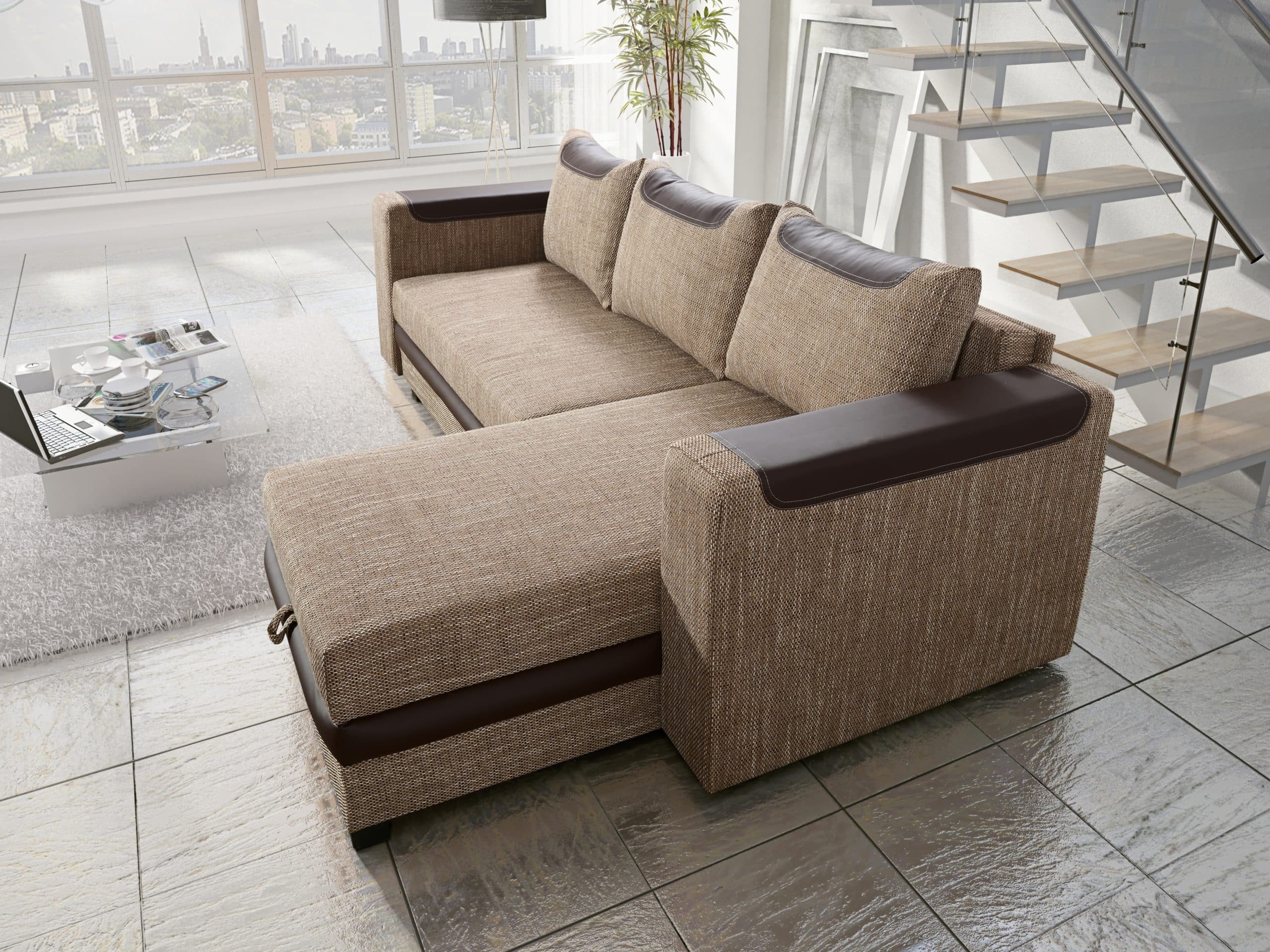 Rohová sedačka BONO 3 univerzální roh, hnědá látka prošitá bílou a béžovou nití/tmavě hnědá ekokůže