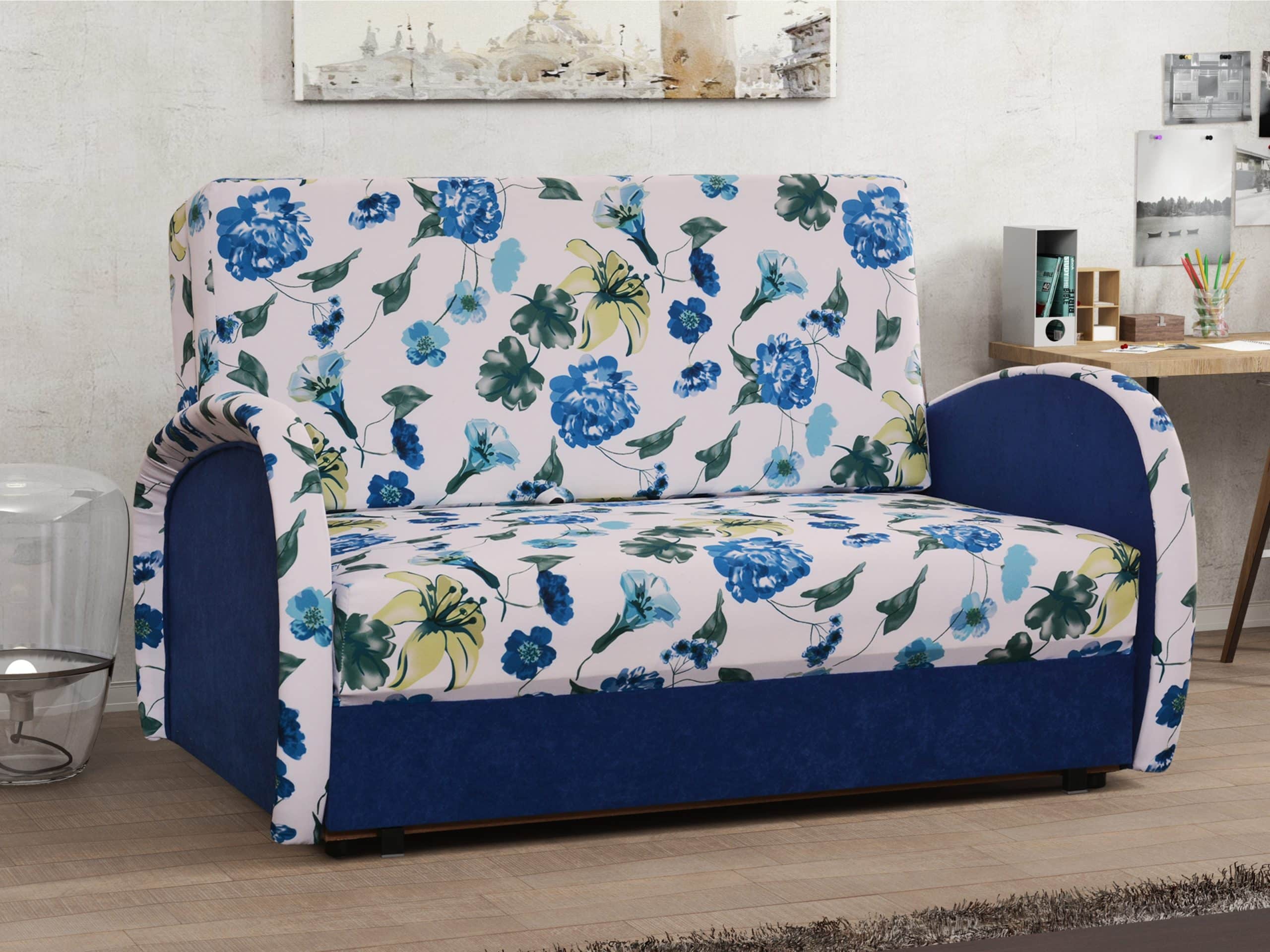 Pohovka KAJA II - 3, látka potisk květy/modrá látka