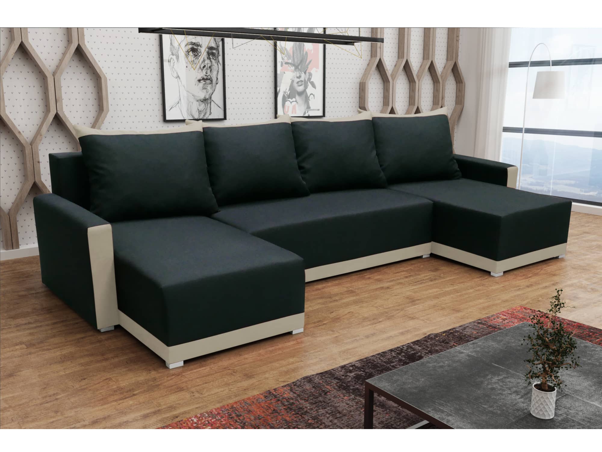 Rohová sedačka BRAGA U, černá látka/krémová látka