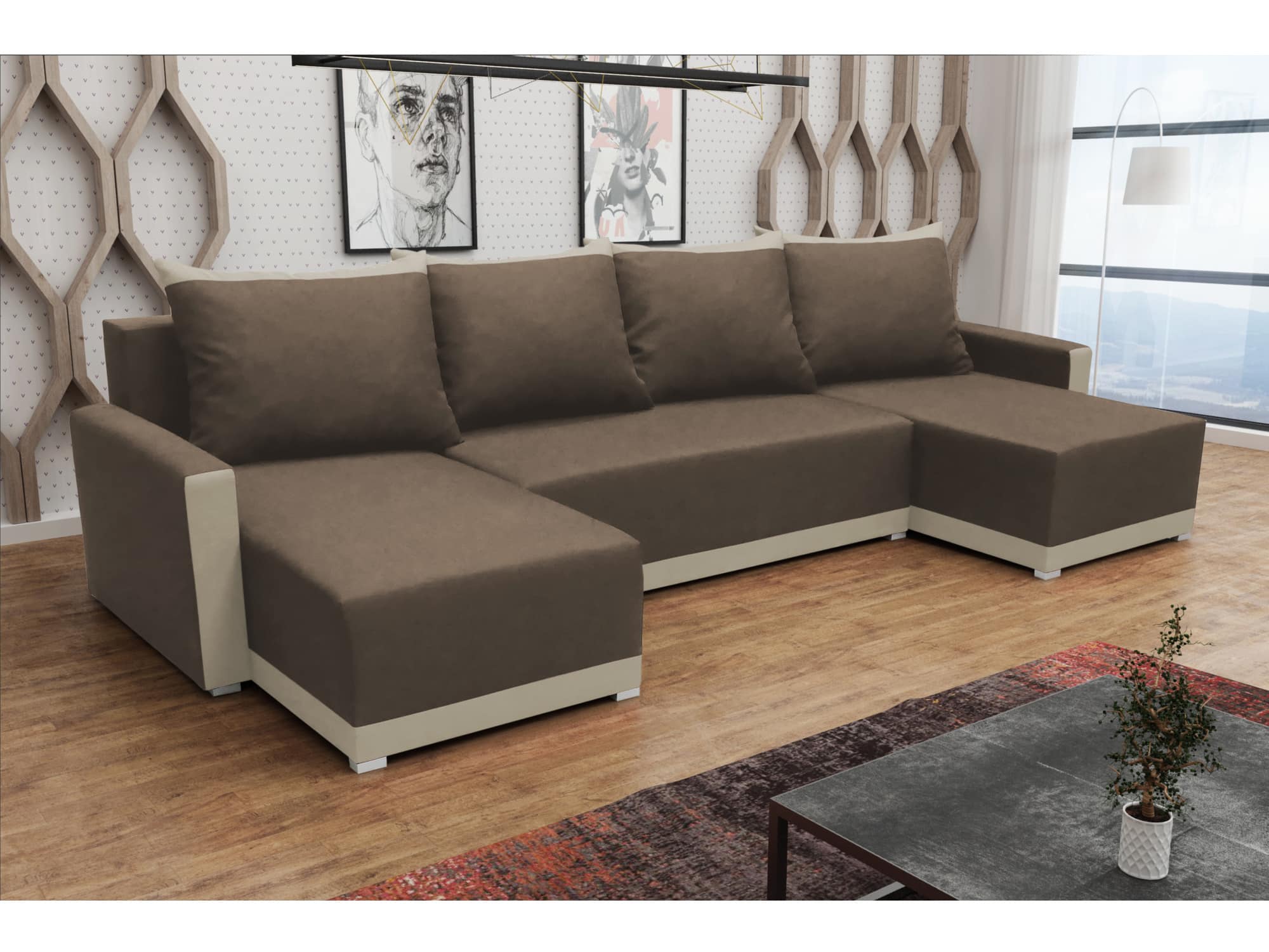 Rohová sedačka BRAGA U, čokoládově hnědá látka/krémová látka