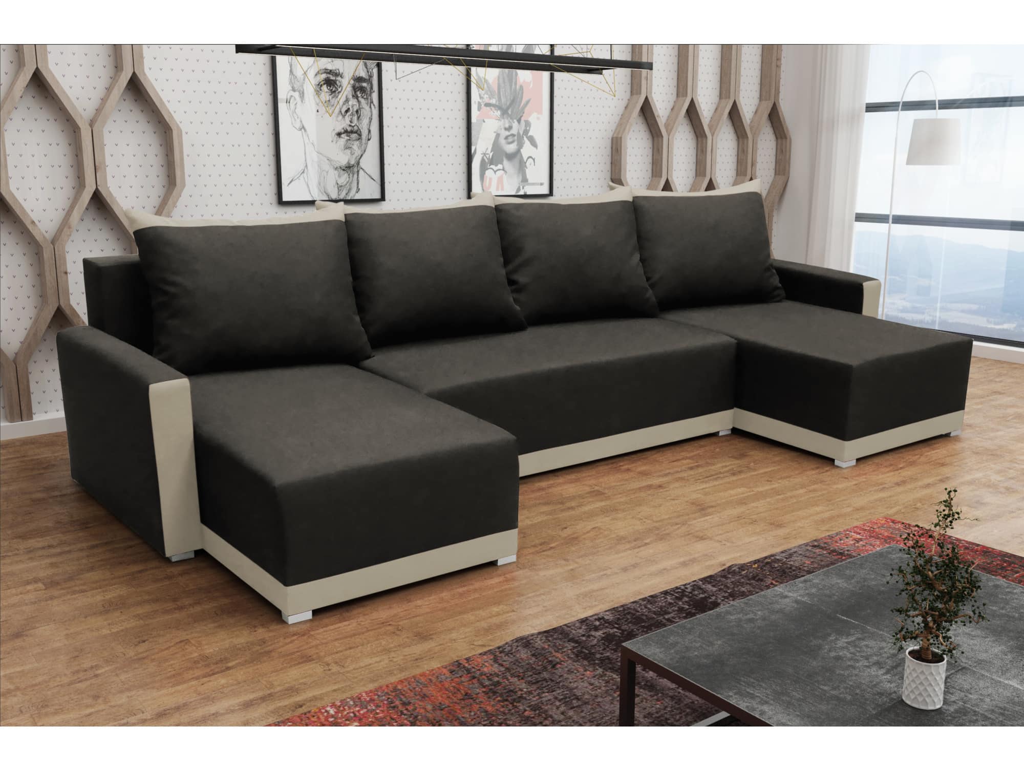 Rohová sedačka BRAGA U, tmavě hnědá látka/krémová látka