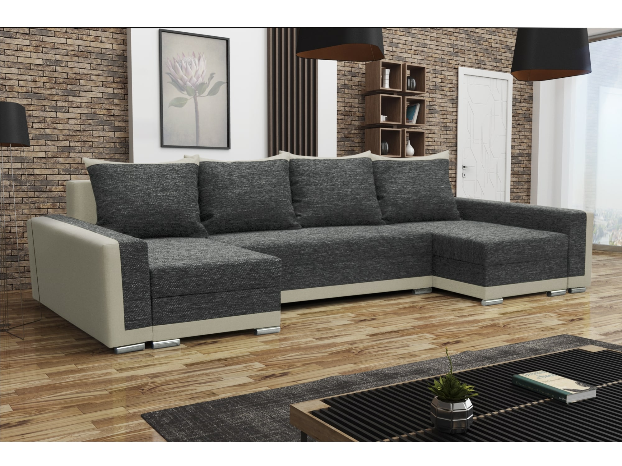 Rohová sedačka MADRYT U, černá látka/krémová látka