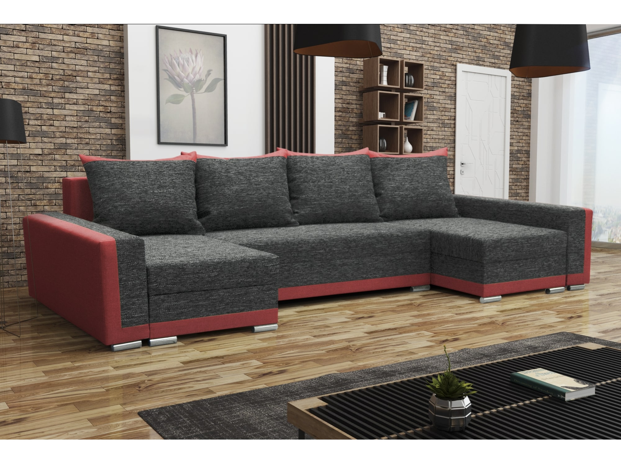 Rohová sedačka MADRYT U, černá látka/červená látka