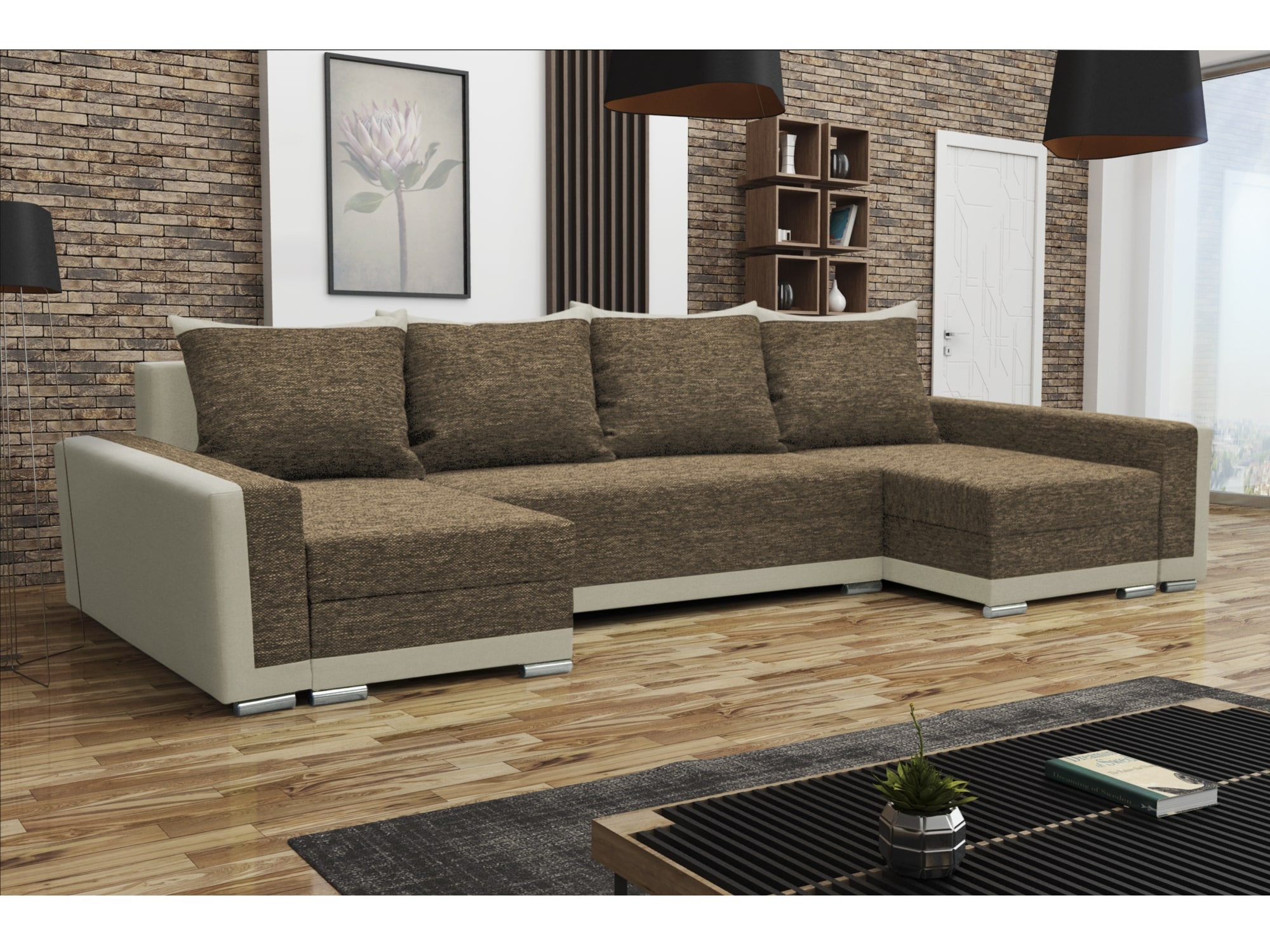 Rohová sedačka MADRYT U, hnědá látka/krémová látka