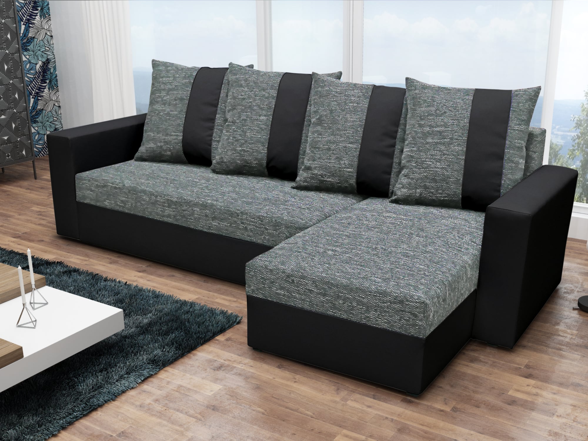 Rohová sedačka PRAGA, šedá látka/černá ekokůže