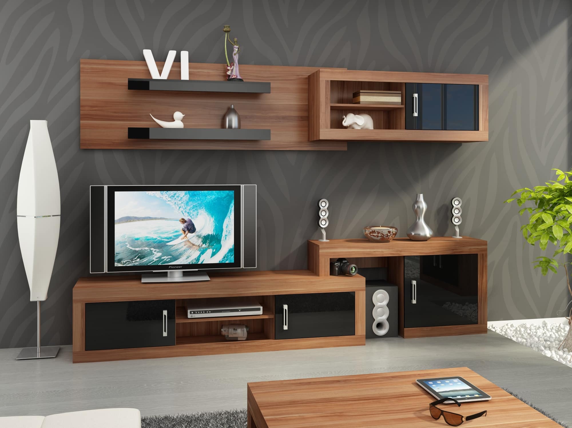 Obývací stěna VERIN 1, švestka wallis/černý lesk