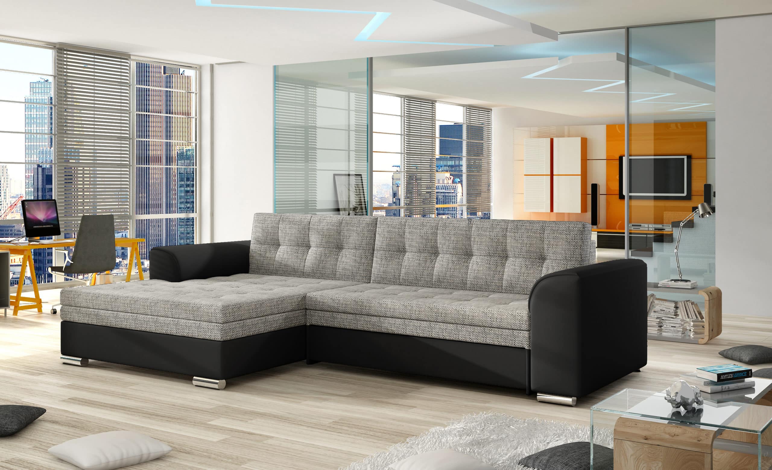 Rohová sedačka CONFORTI Cf_10, levá, šedá látka/černá ekokůže