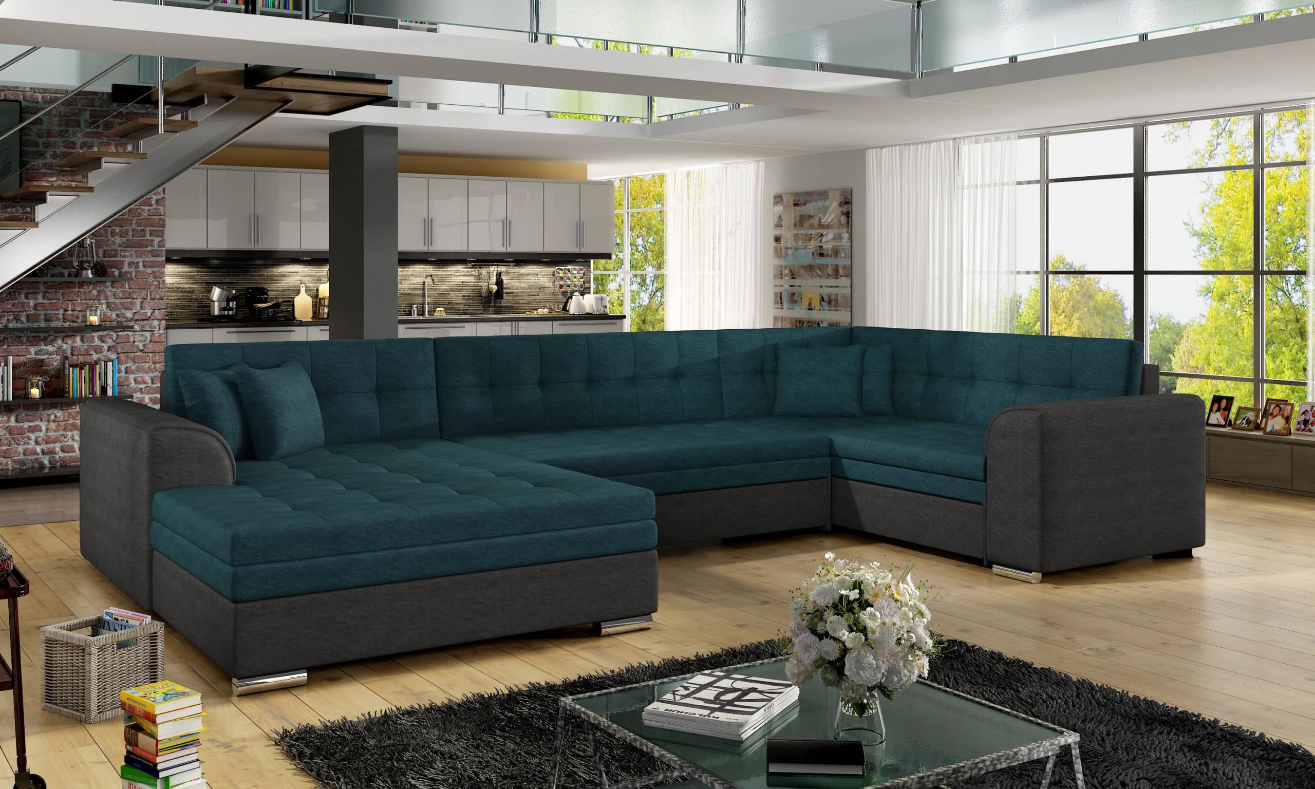 Rohová sedačka DAMARIO Dam_05, levá, tyrkysová/tmavě šedá