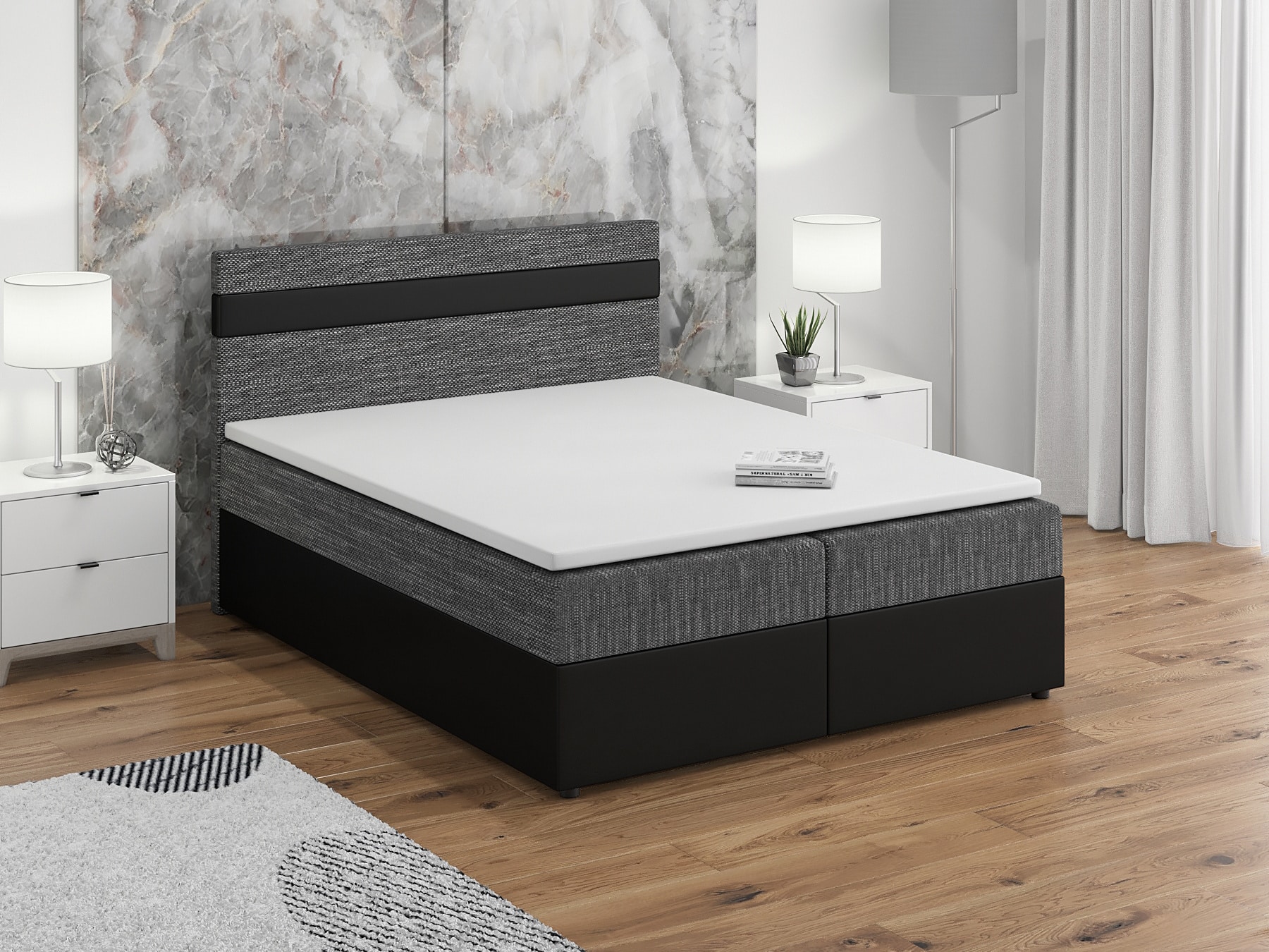Postel boxspring MODENA 140x200 cm, šedá látka/černá ekokůže