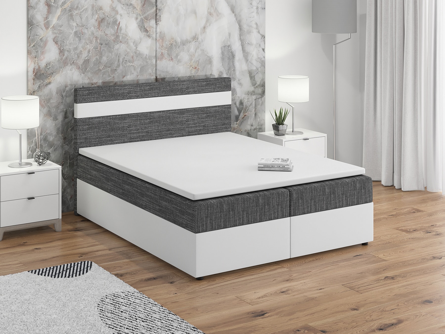 Postel boxspring MODENA 180x200 cm, šedá látka/bílá ekokůže
