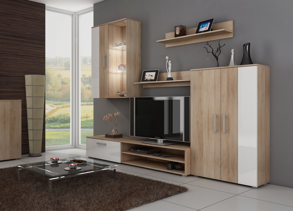 STELLA, obývací stěna, dub sonoma/bílý lesk