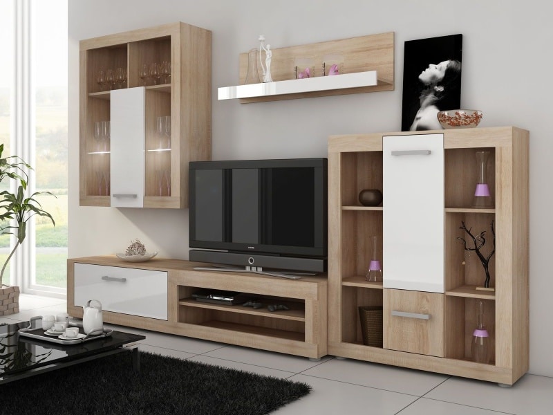 VIKI, obývací stěna, dub sonoma/bílý lesk