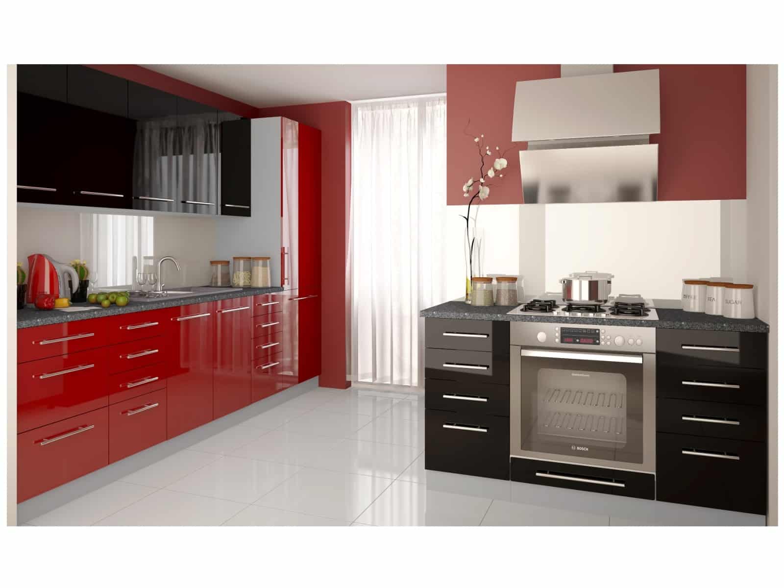 Kuchyně PLATINUM 270/410 cm, korpus grey, rose red + black