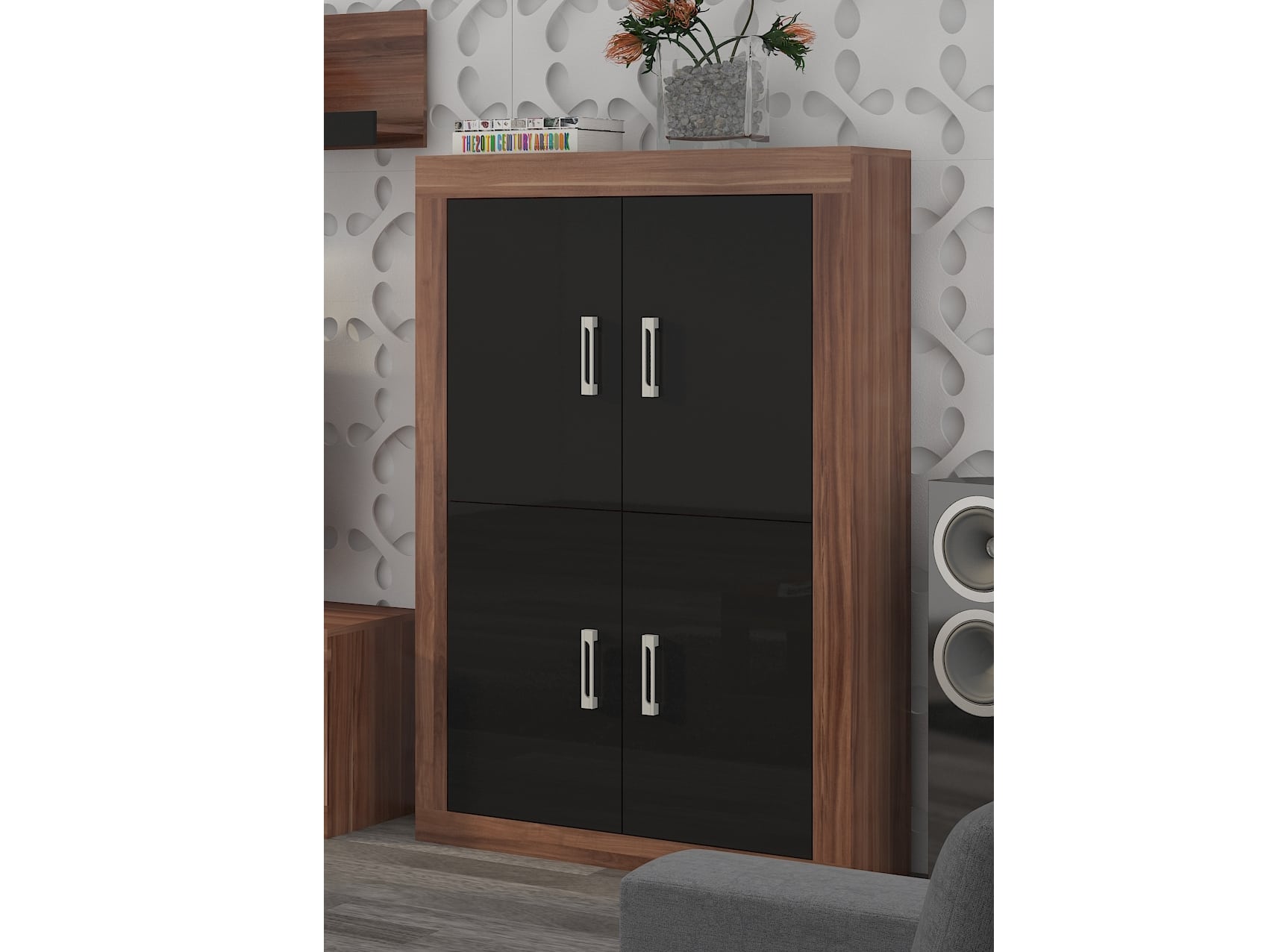 VERIN/20, regál 4D, švestka wallis/černý lesk