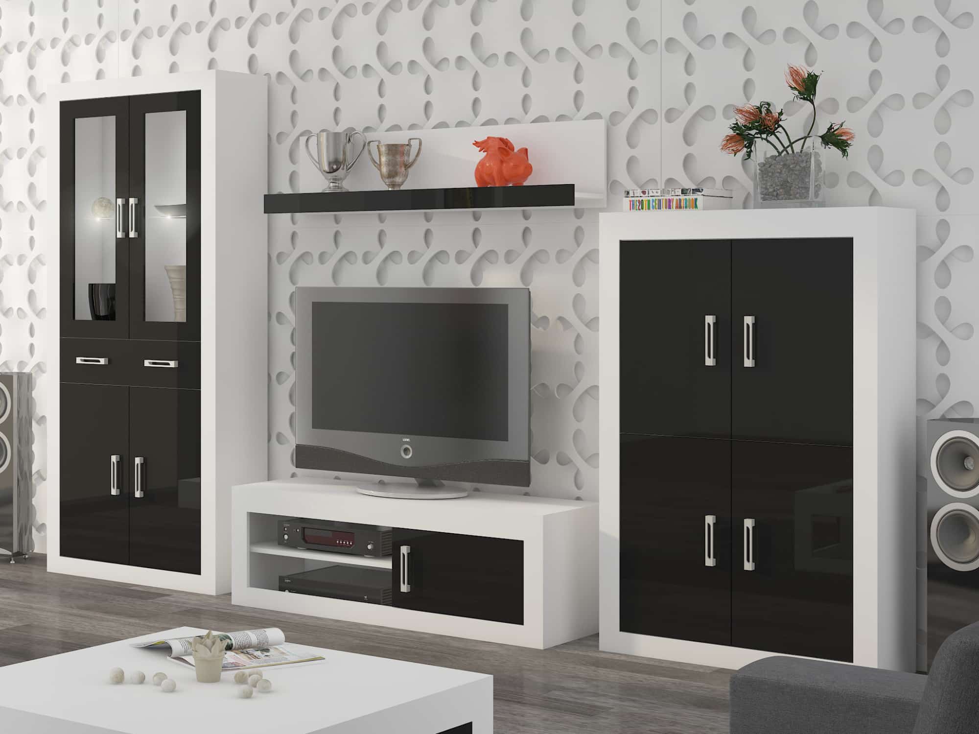 Obývací stěna VERIN 10, bílá/černý lesk