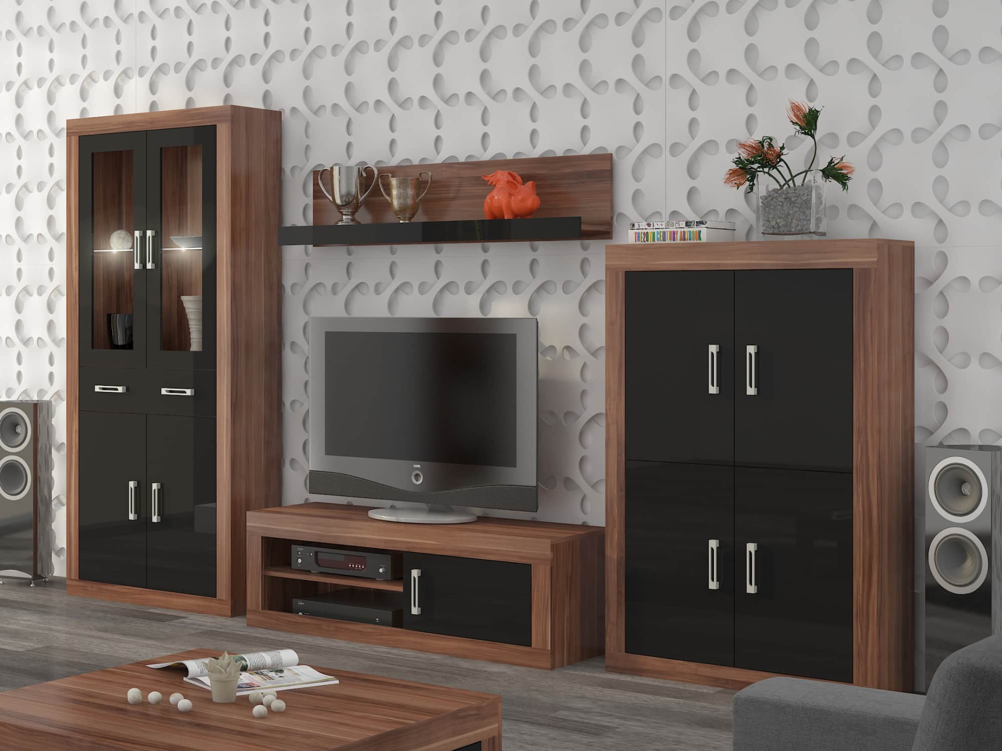 Obývací stěna VERIN 10, švestka wallis/černý lesk