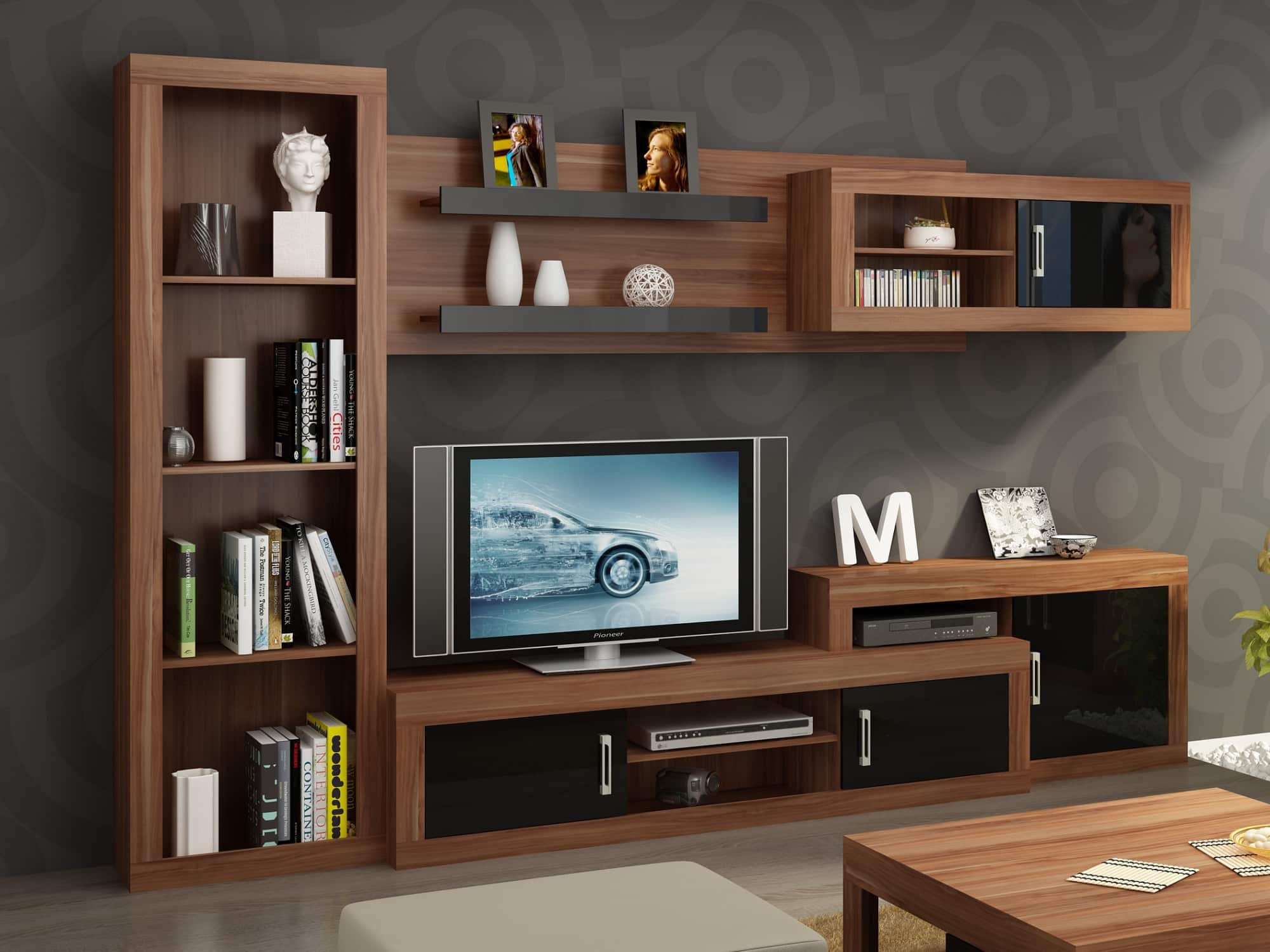 Obývací stěna VERIN 6, švestka wallis/černý lesk