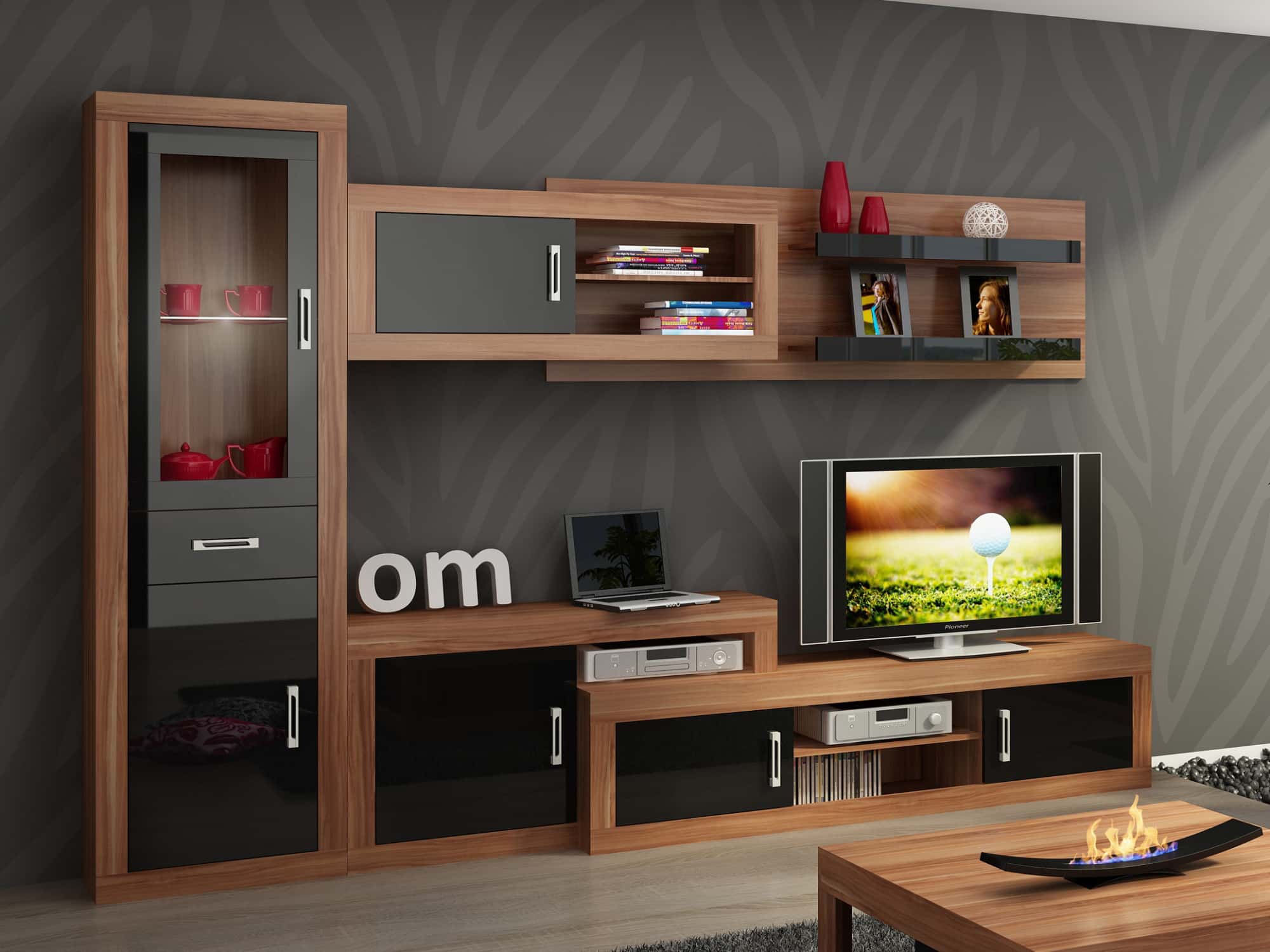 Obývací stěna VERIN 7, švestka wallis/černý lesk