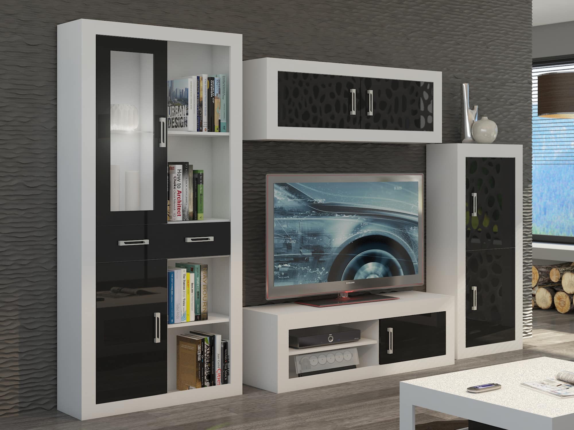 Obývací stěna VERIN 8, bílá/černý lesk