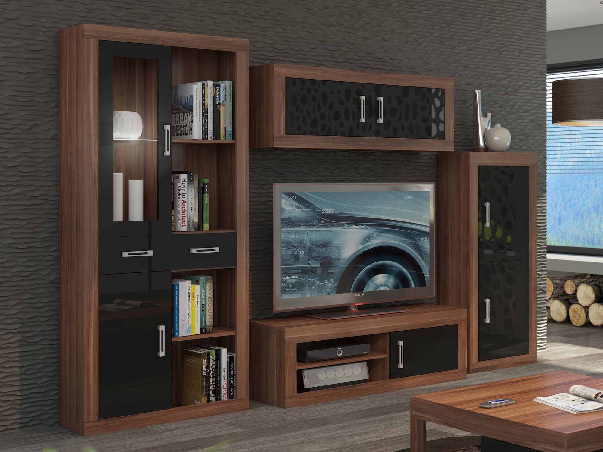 Obývací stěna VERIN 8, švestka wallis/černý lesk