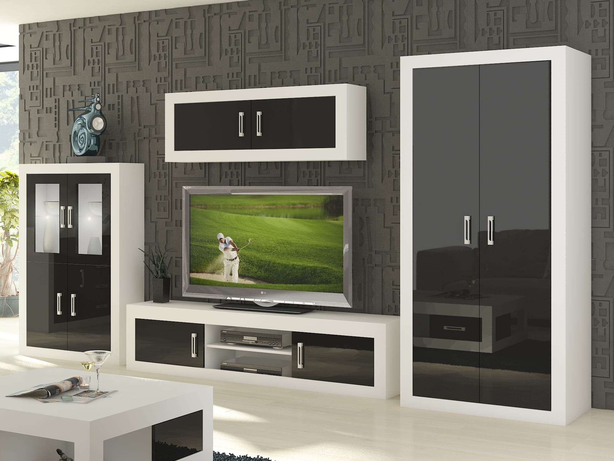 Obývací stěna VERIN 9, bílá/černý lesk