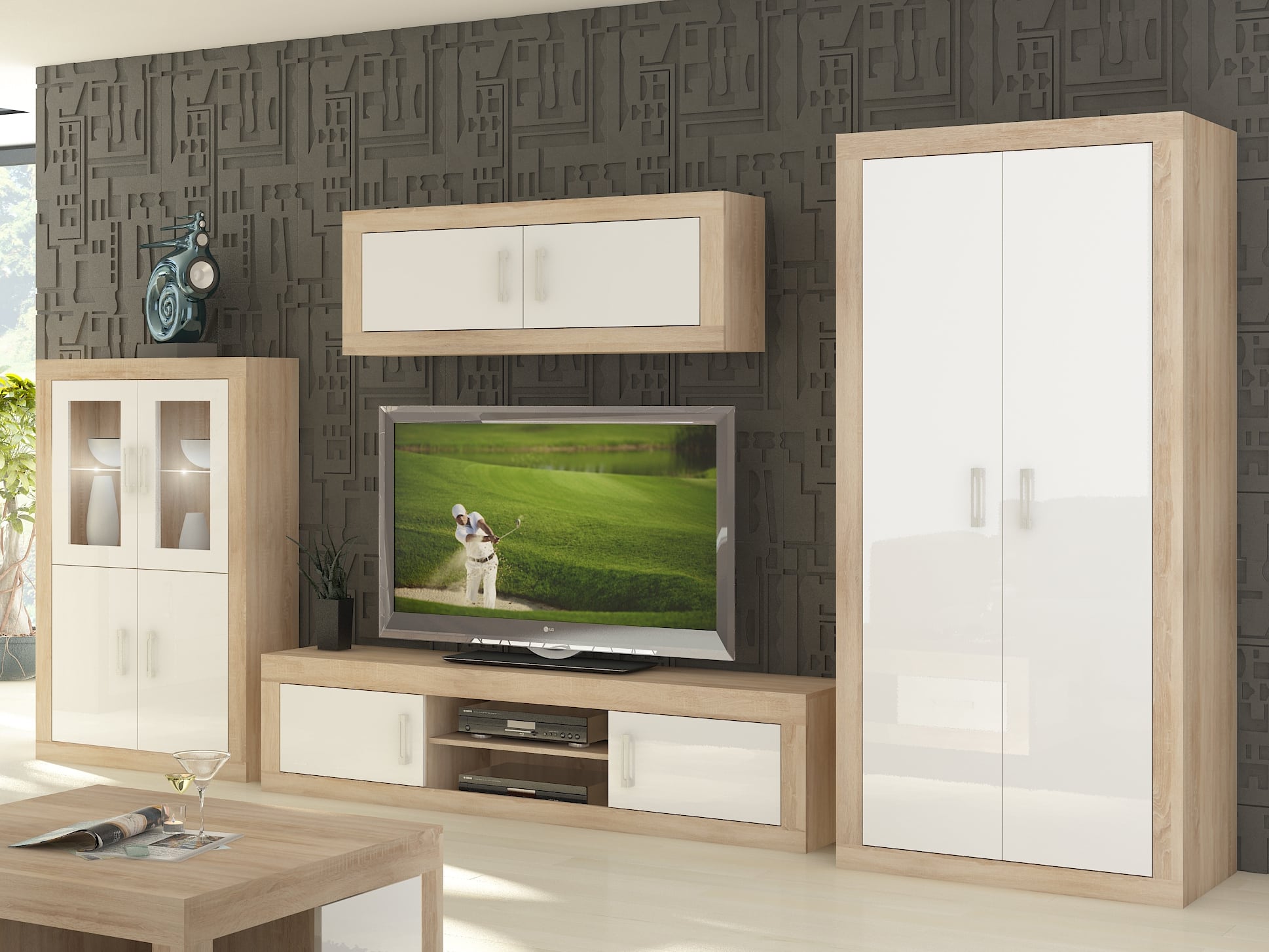 Obývací stěna VERIN 9, dub sonoma/bílý lesk