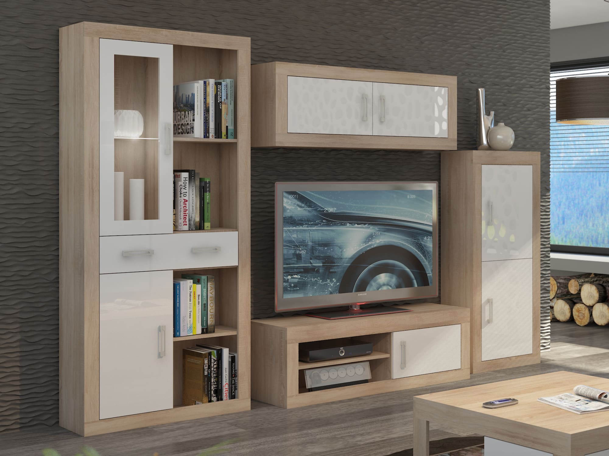 Obývací stěna VERIN 8, dub sonoma/bílý lesk
