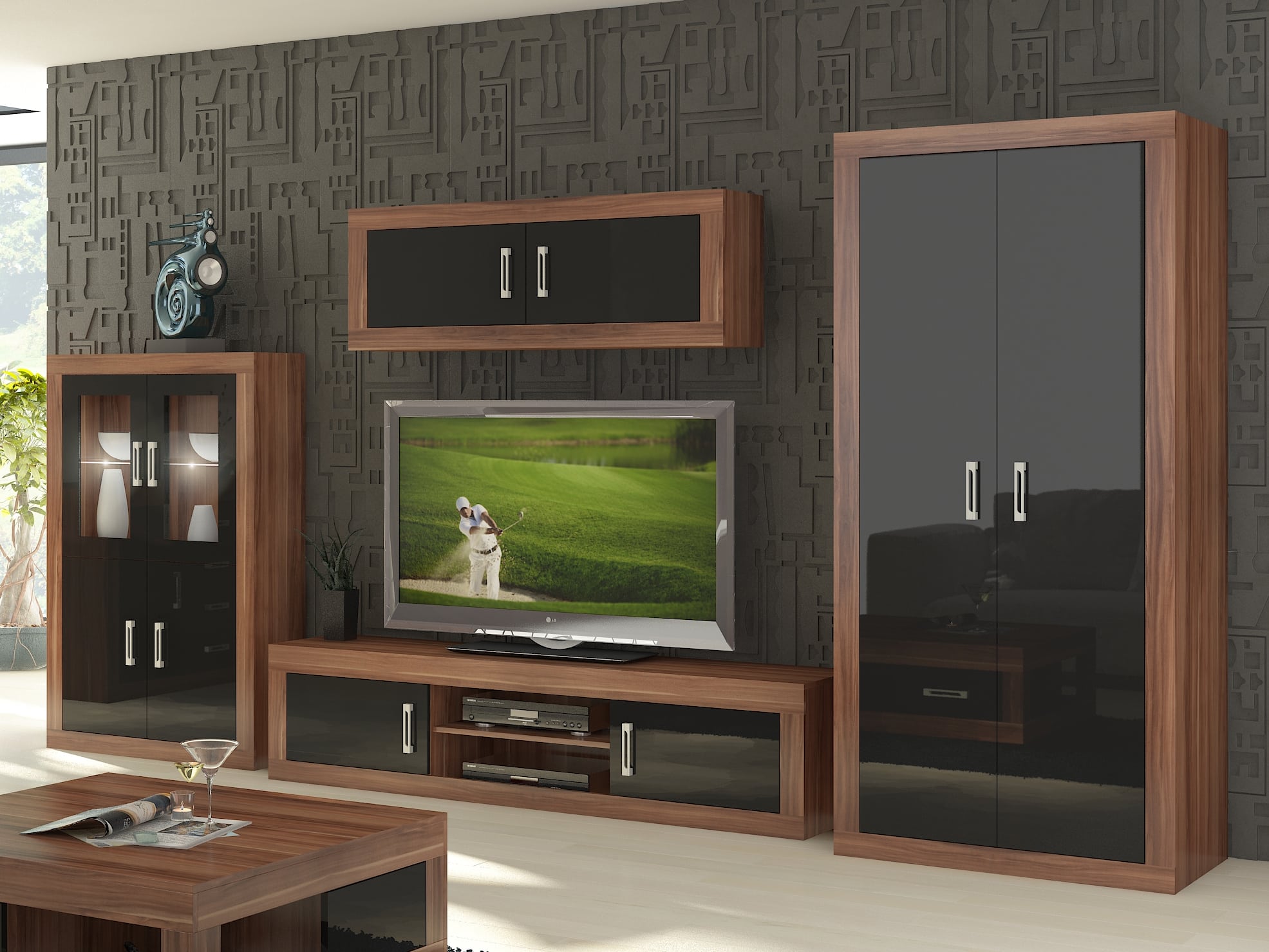 Obývací stěna VERIN 9, švestka wallis/černý lesk