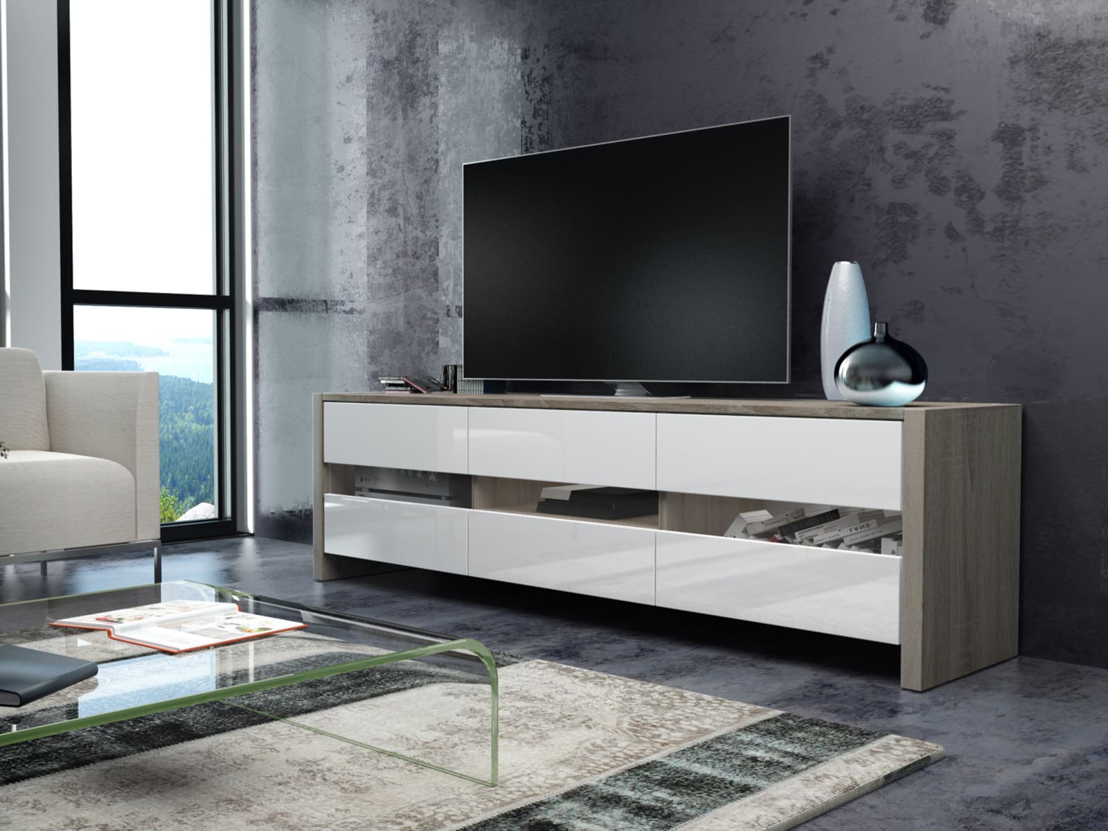 FOX televizní stolek, dub sonoma/bílý lesk