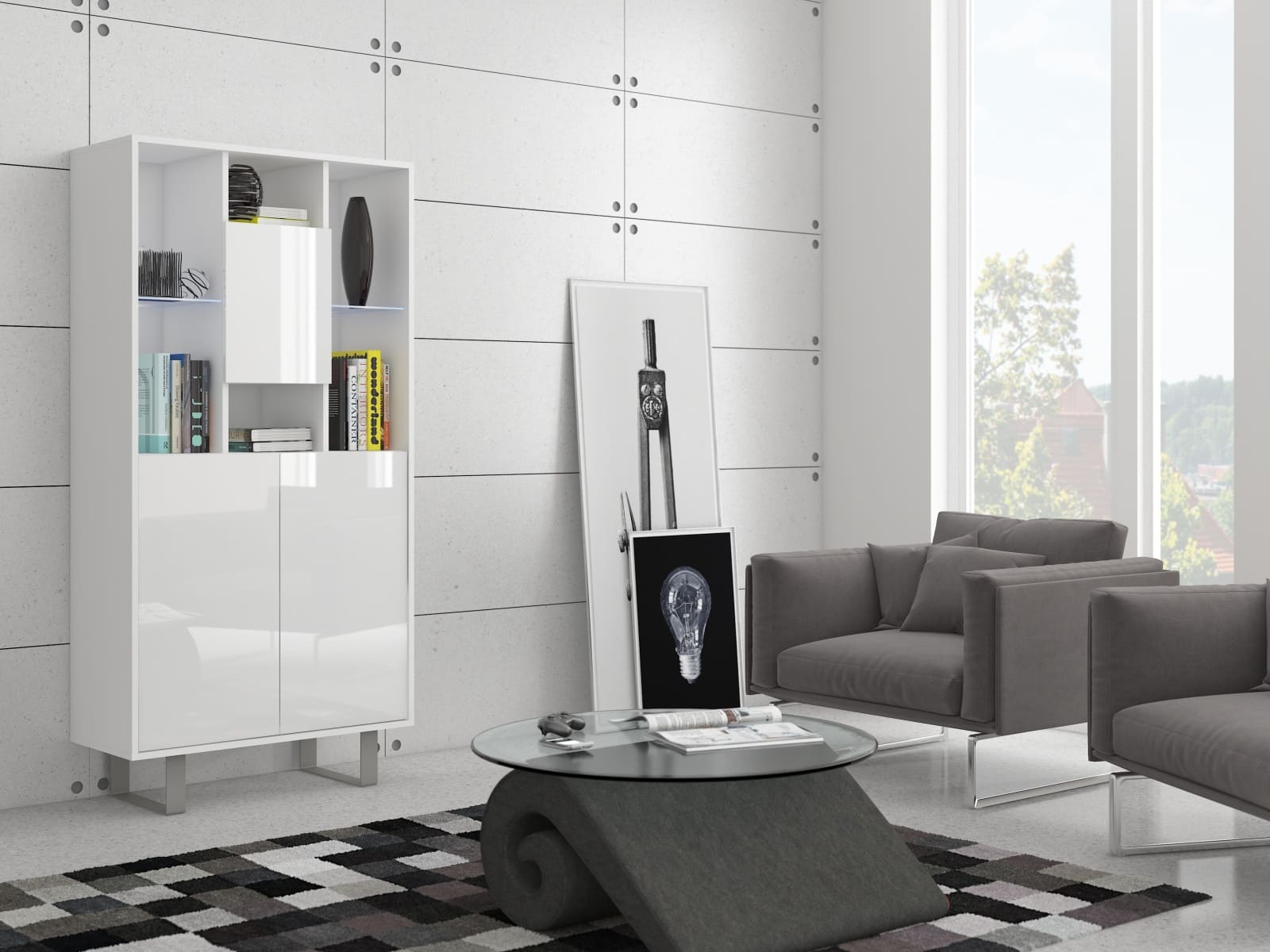 KING 5 vitrína, bílá/bílý lesk