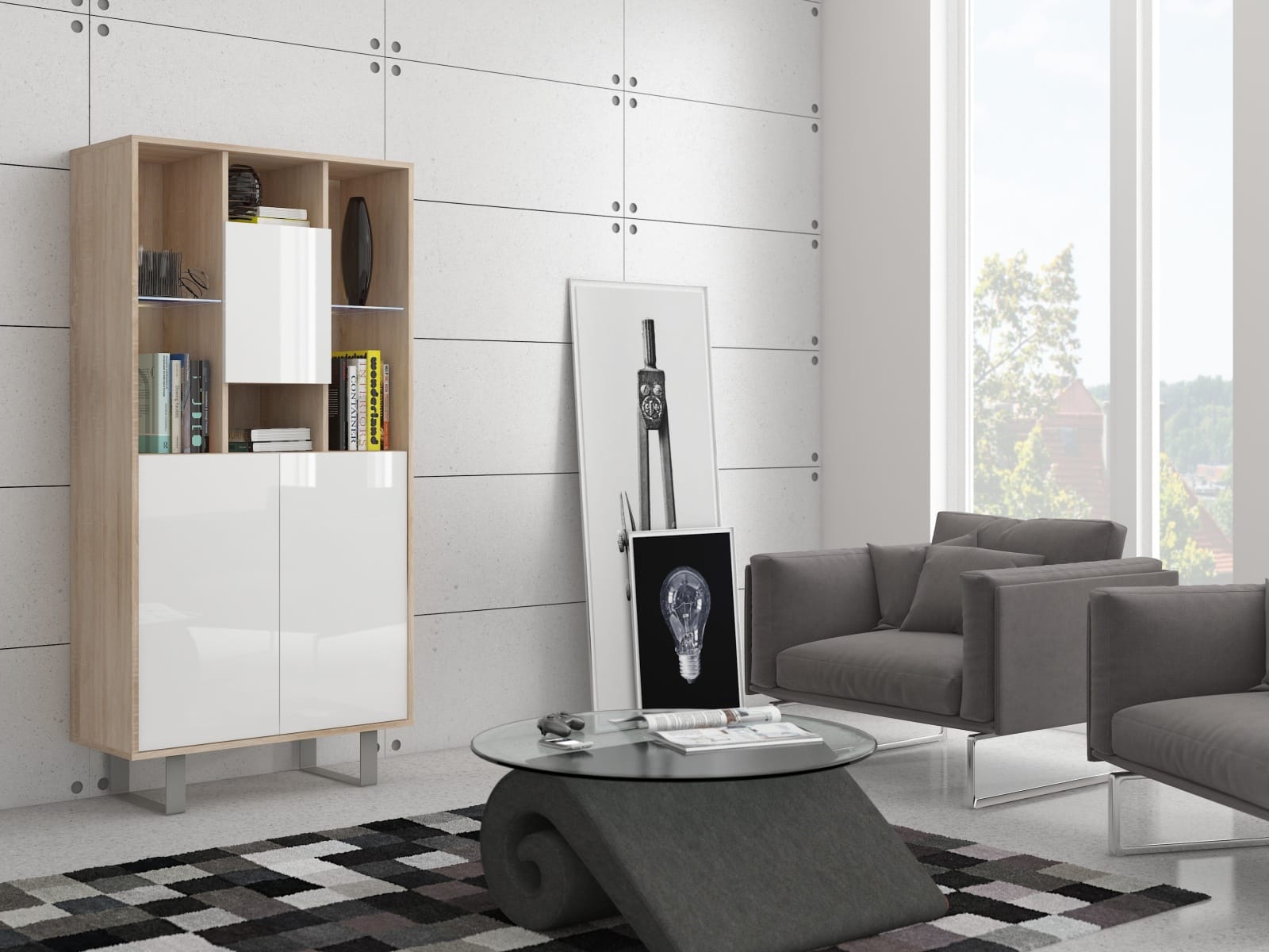 KING 5 vitrína, dub sonoma/bílý lesk